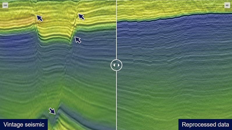 Comparison between vintage seismic (2005) and new imaging (2023 raw stack data overlain the velocity model) demonstrates the reprocessing uplift.