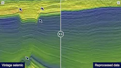 Comparison between vintage seismic (2005) and new imaging (2023 raw stack data overlain the velocity model) demonstrates the reprocessing uplift. Comparison between vintage seismic (2005) and new imaging (2023 raw stack data overlain the velocity model) demonstrates the reprocessing uplift.