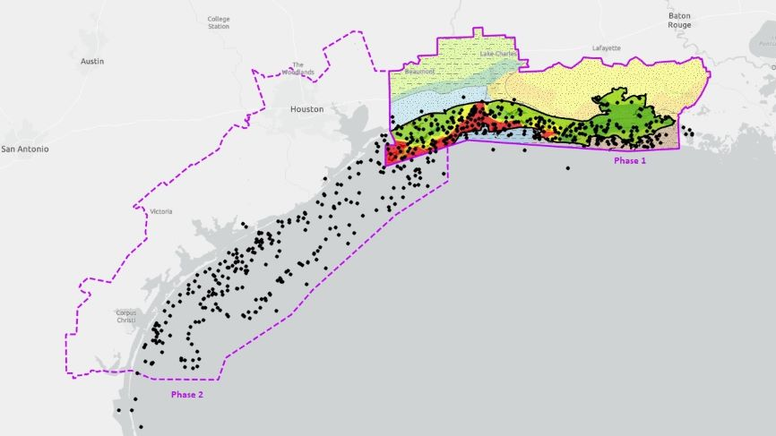 Snapshot of GeoVerse Carbon Storage Gulf of Mexico database coverage and single-factor screening map sample for one of the plays covered in the study area