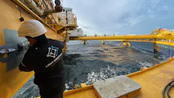 Besides FPSOs, Light Structures says SENSFIB structural hull monitoring is used on a variety of vessels and platforms, from coast guard cutters to container ships and LNG tankers. The photo shows a SENSFIB sensor being installed on Ocean Farm 1, an exposed fish farm facility testbed installed offshore Norway. Besides FPSOs, Light Structures says SENSFIB structural hull monitoring is used on a variety of vessels and platforms, from coast guard cutters to container ships and LNG tankers. The photo shows a SENSFIB sensor being installed on Ocean Farm 1, an exposed fish farm facility testbed installed offshore Norway.