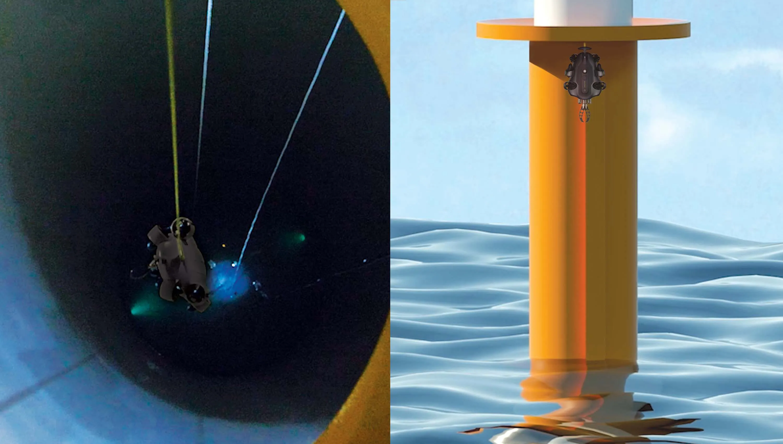 FIFISH E-GO is deployed into the compact spaces of the monopile foundation. FIFISH E-GO is deployed into the compact spaces of the monopile foundation.