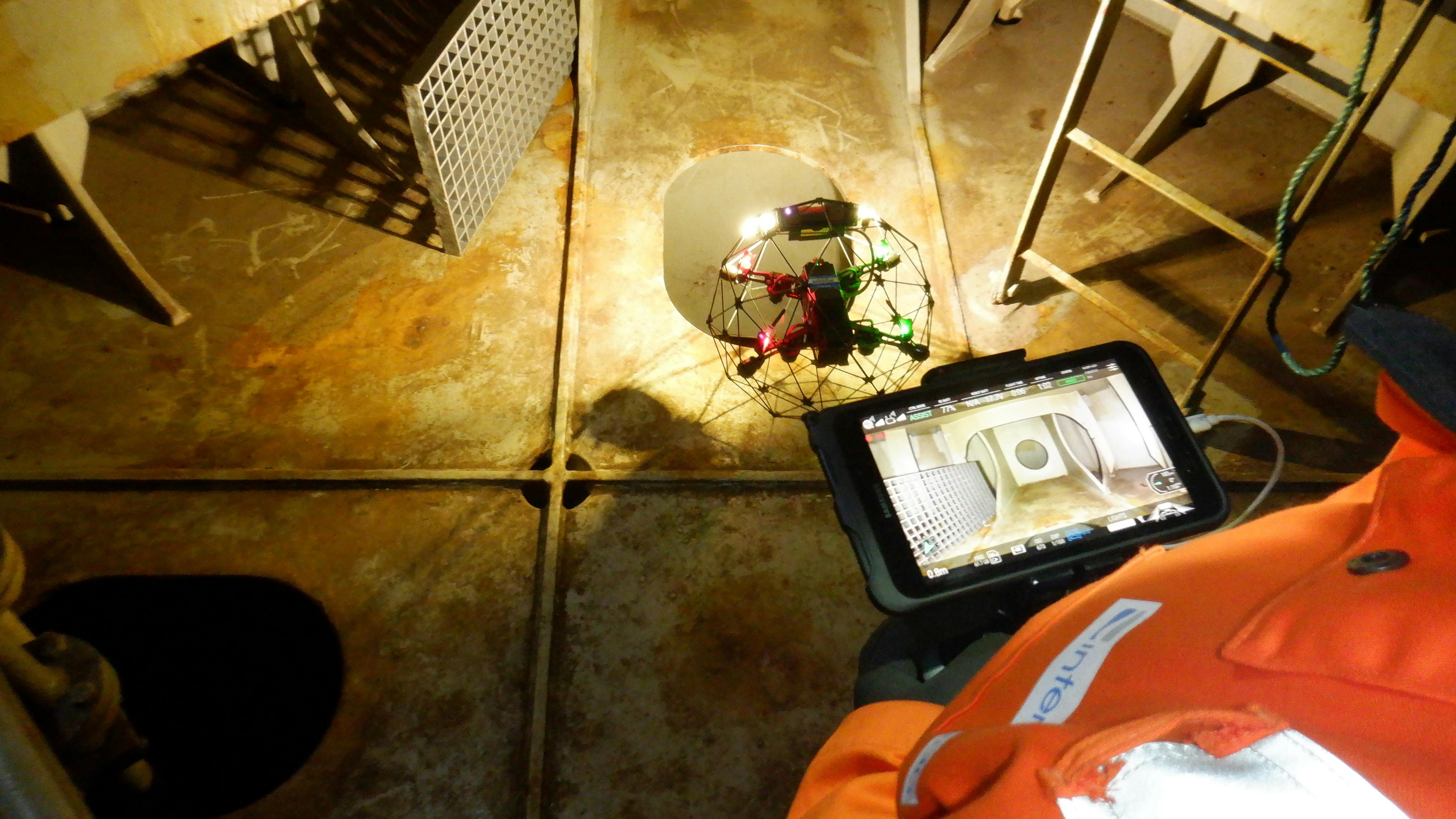 The UAV pilot prepares to fly the collision tolerant drone into a confined space area. The systems 4K camera provides high-quality images that allows the inspector to efficiently assess and confirm the structures condition in real time, while footage is recorded to allow post-inspection data analysis to be performed.