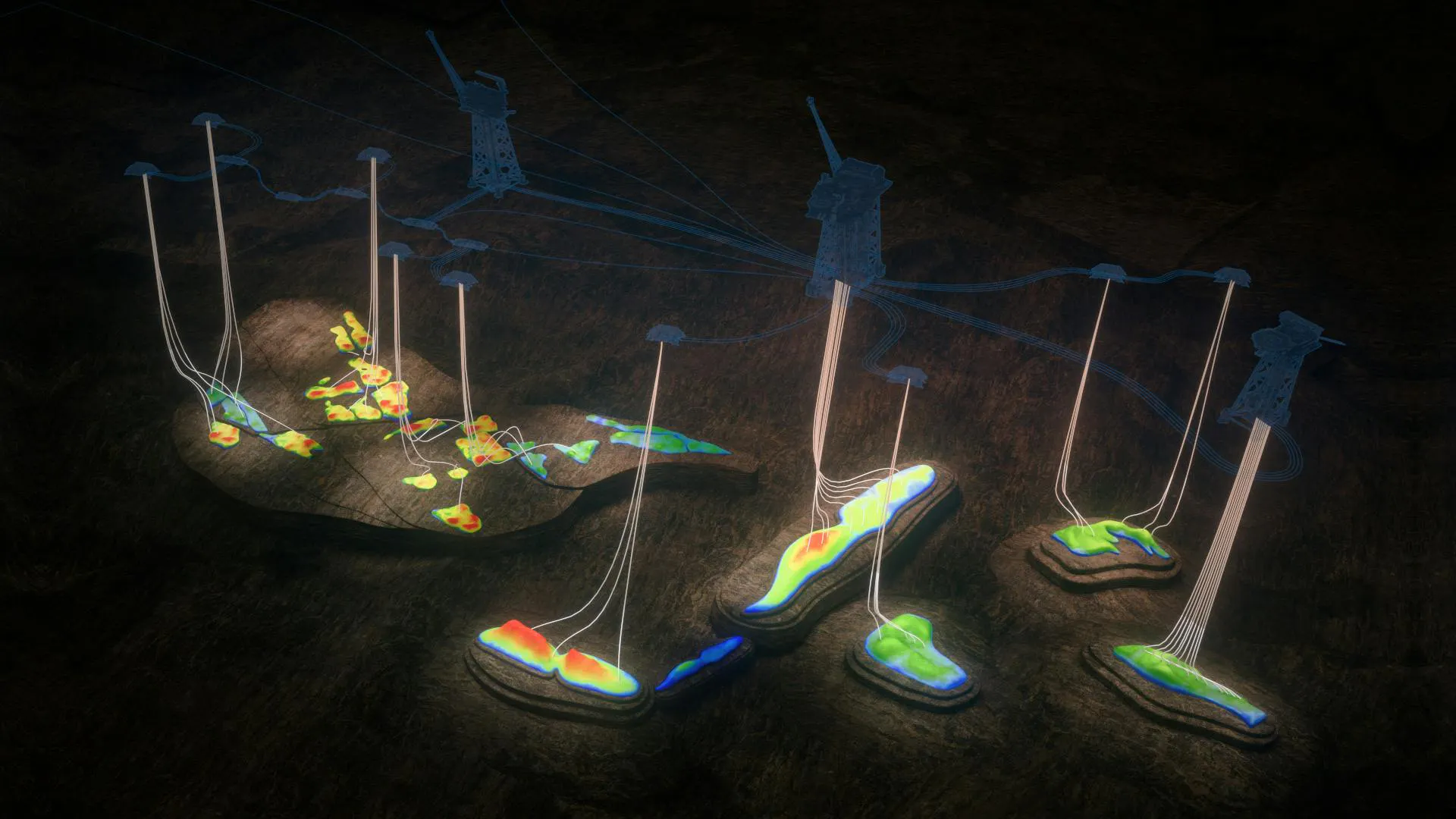 The schematic shows the configurations for the wells in the various reservoirs.