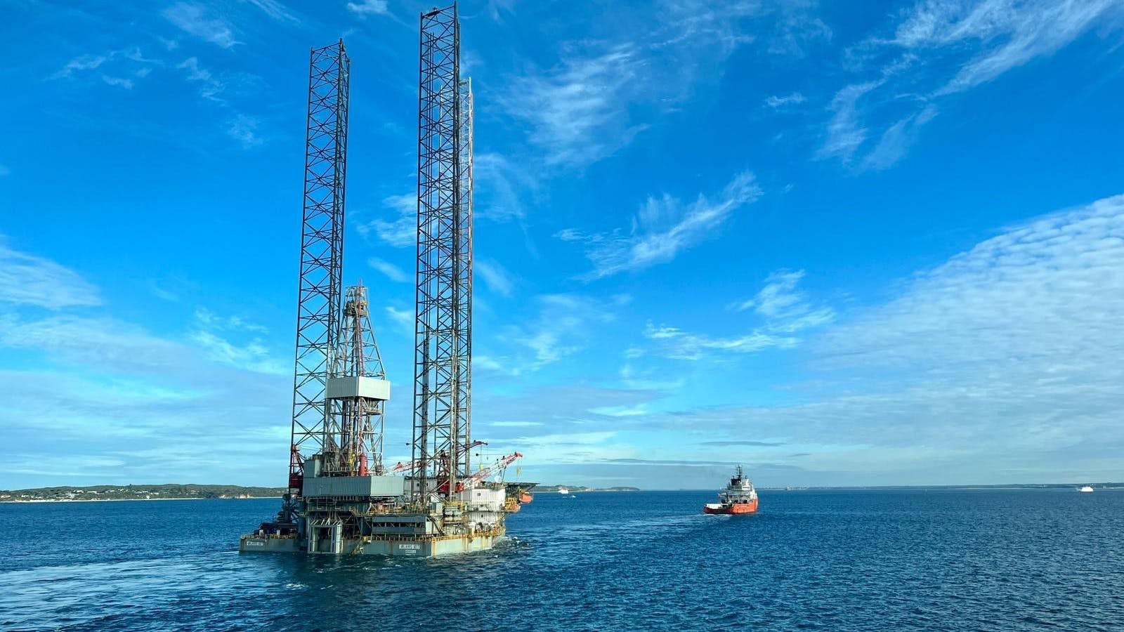 The VALARIS 107 is pictured en route to the GB2 well in Melbourne, Australia, approximately seven months ago after a successful heavy-lift vessel operation for offloading in Port Phillip Bay.