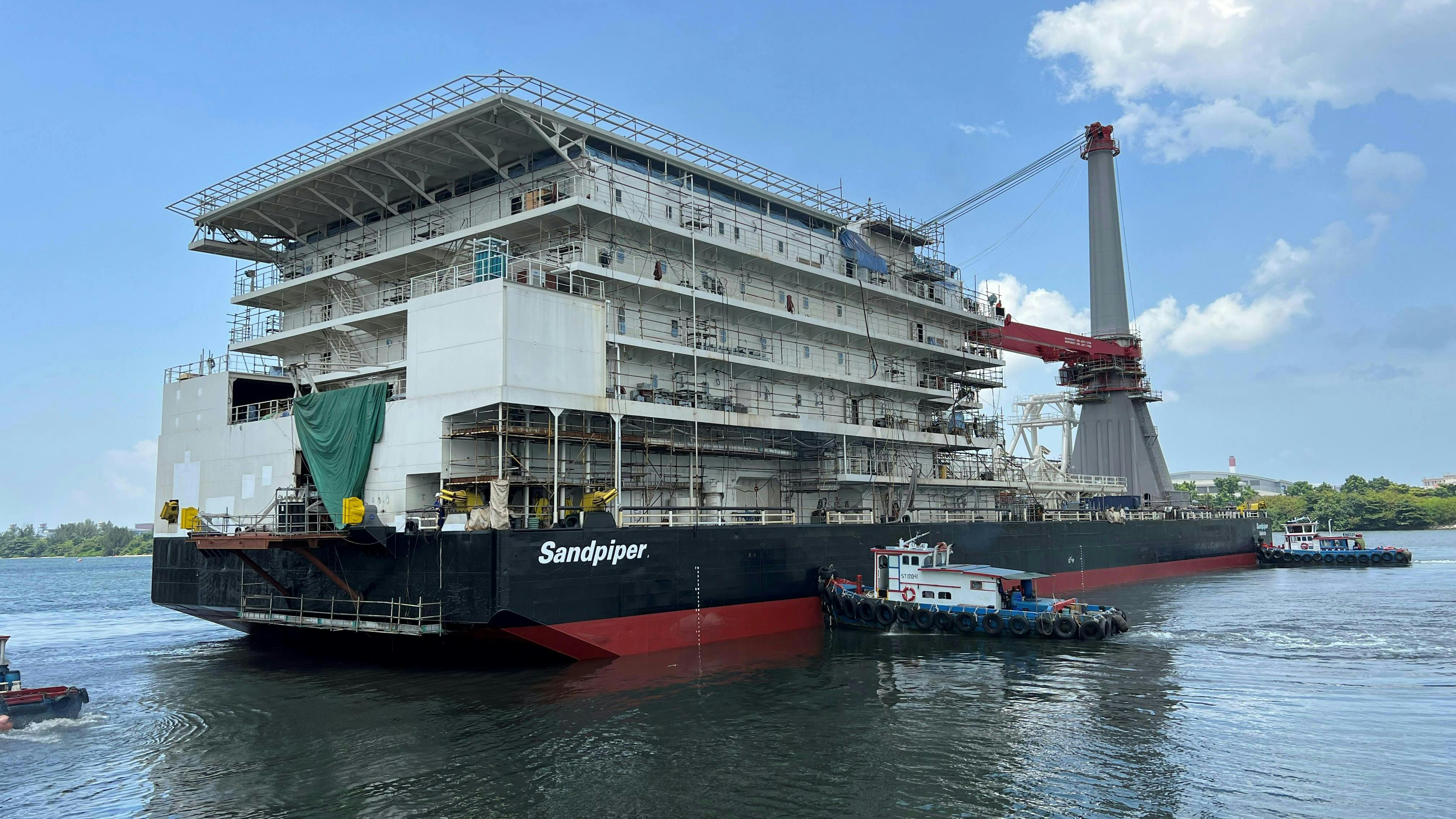 A flat-bottom anchor barge, Allseas&rsquo; Sandpiper has been newly converted for shallow-water construction activity.