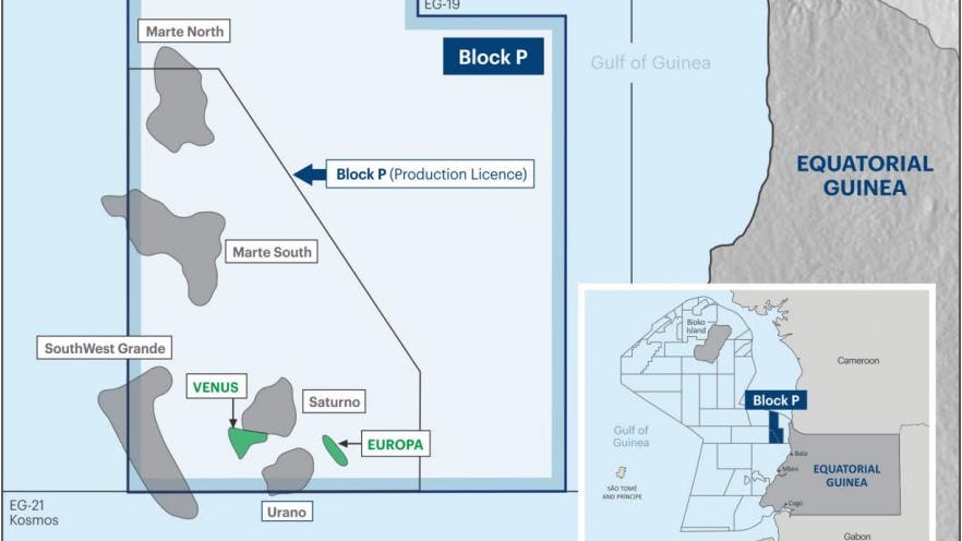 The green areas on this Block P map reflect proven oil fields, while the gray regions are prospects.