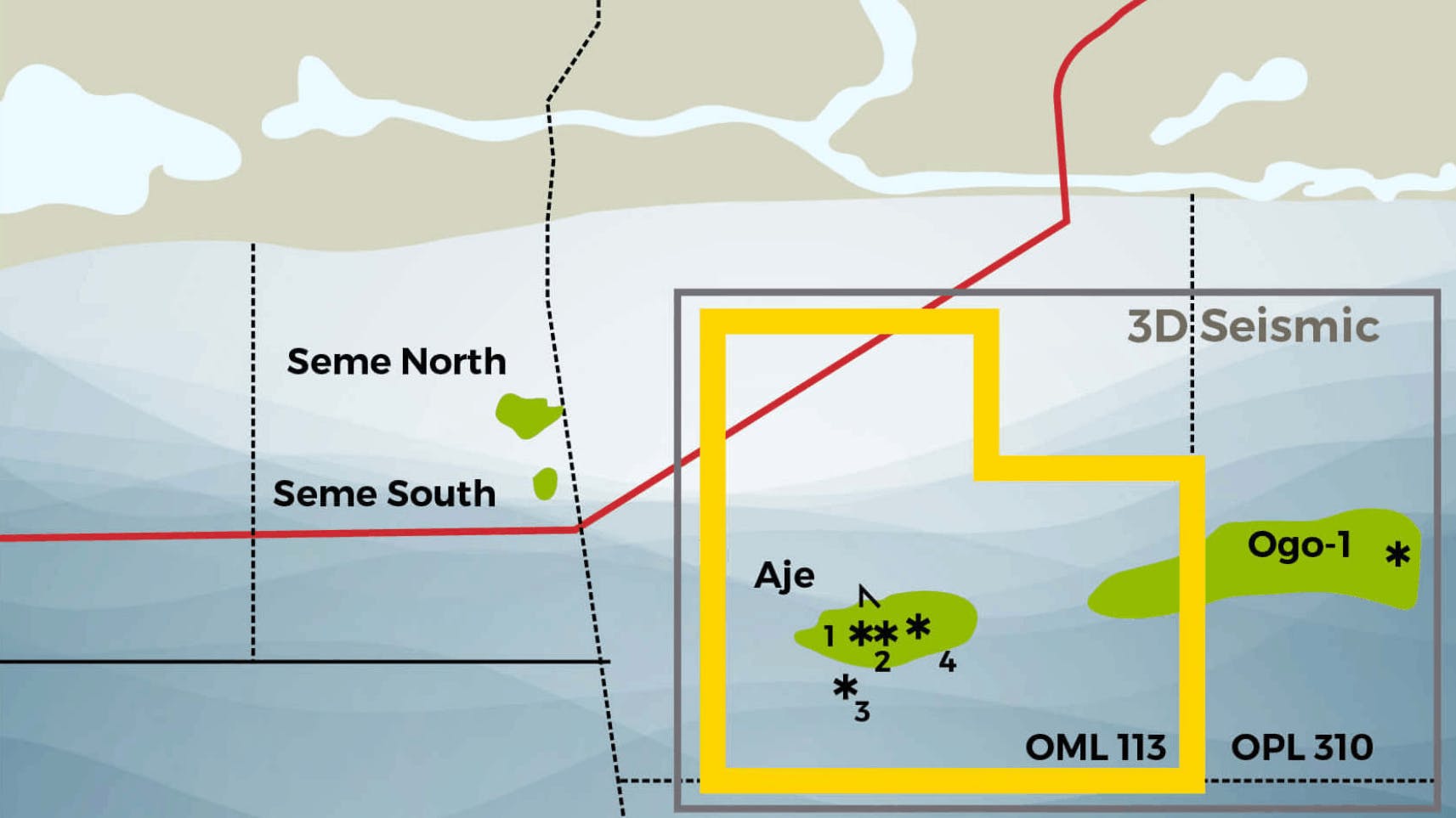 This map highlights the Aje Field offshore Nigeria. Note, the red line represents the West Africa Gas Pipeline.