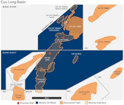 Operator Murphy holds a 40% interest in the Cuu Long Basin offshore Vietnam, with partners PetroVietnam Exploration Production (35%) and SK Earthon (25%). Operator Murphy holds a 40% interest in the Cuu Long Basin offshore Vietnam, with partners PetroVietnam Exploration Production (35%) and SK Earthon (25%).