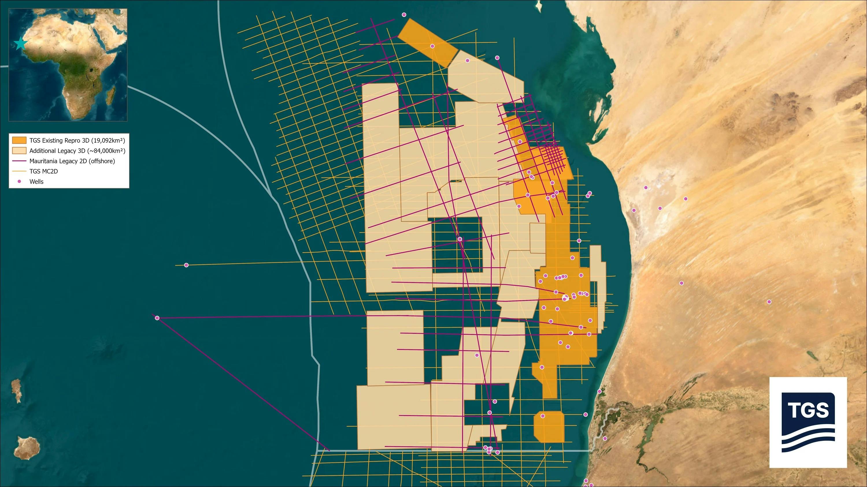 Map showing available TGS subsurface data onshore and offshore Mauritania