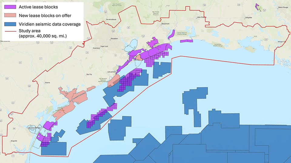 The map illustrates the total coverage of phases 1 and 2 of Viridien&rsquo;s Gulf of Mexico Carbon Storage Screening Study.