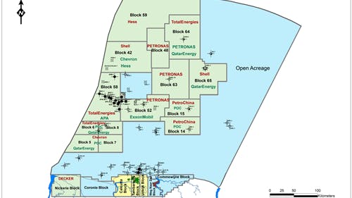 Green areas represent blocks under contract, and the yellow areas represent Staatsolie-operated blocks. The blue region is open acreage.
