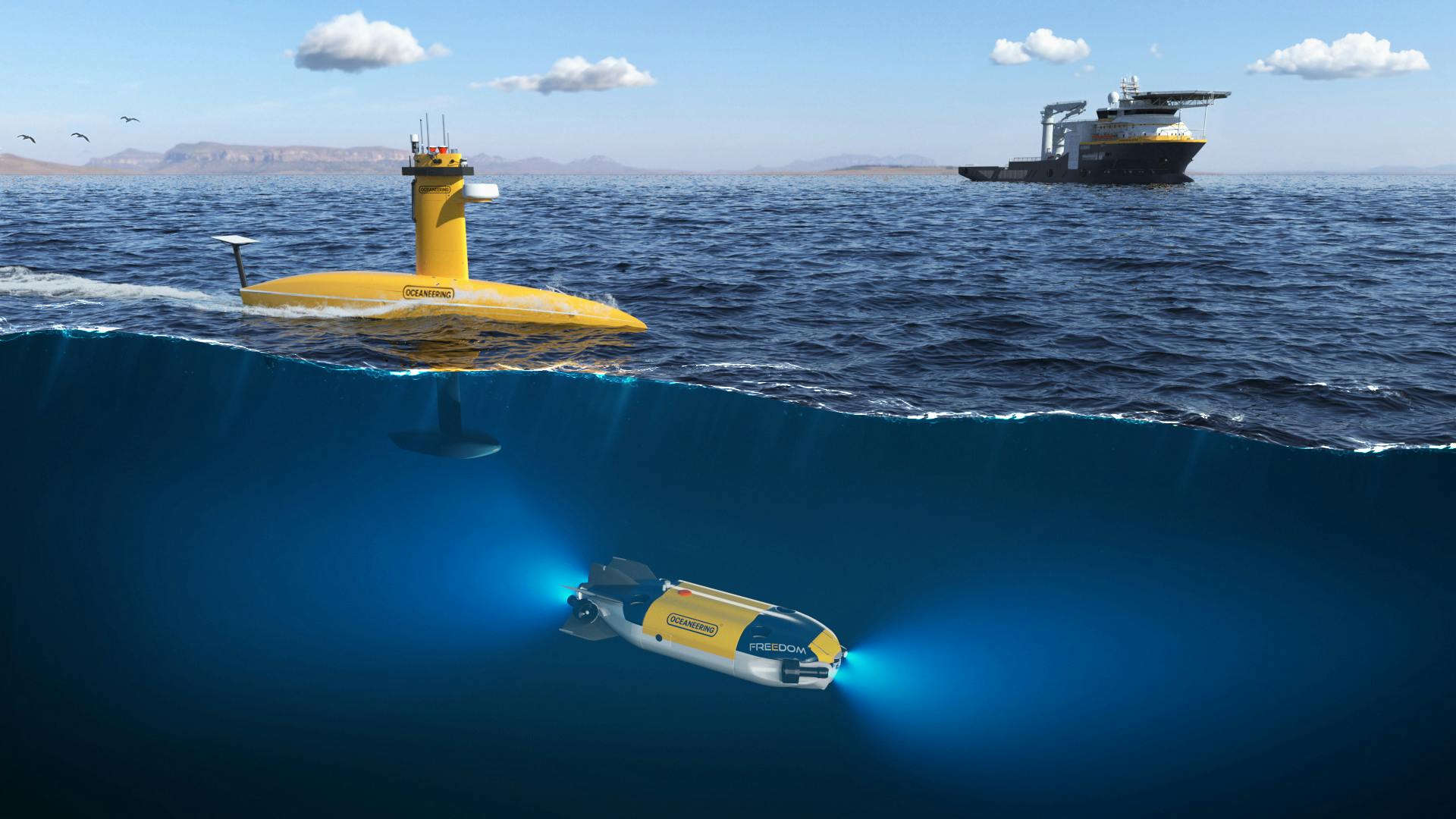 The illustration depicts Oceaneering&rsquo;s USV service deployed alongside a Freedom AUV, both of which can operate in tough offshore conditions.