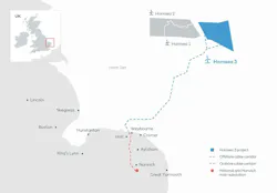 The map highlights where onshore construction for the Hornsea 3 offshore wind farm is underway in Norfolk. The map highlights where onshore construction for the Hornsea 3 offshore wind farm is underway in Norfolk.