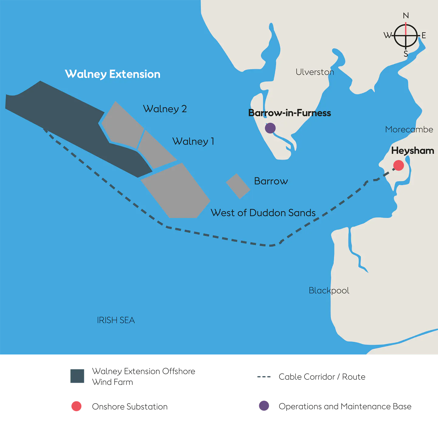 Walney Extension is located about 19 km (11.8 miles) west of Barrow-in-Furness in the Irish Sea. Walney Extension is located about 19 km (11.8 miles) west of Barrow-in-Furness in the Irish Sea.