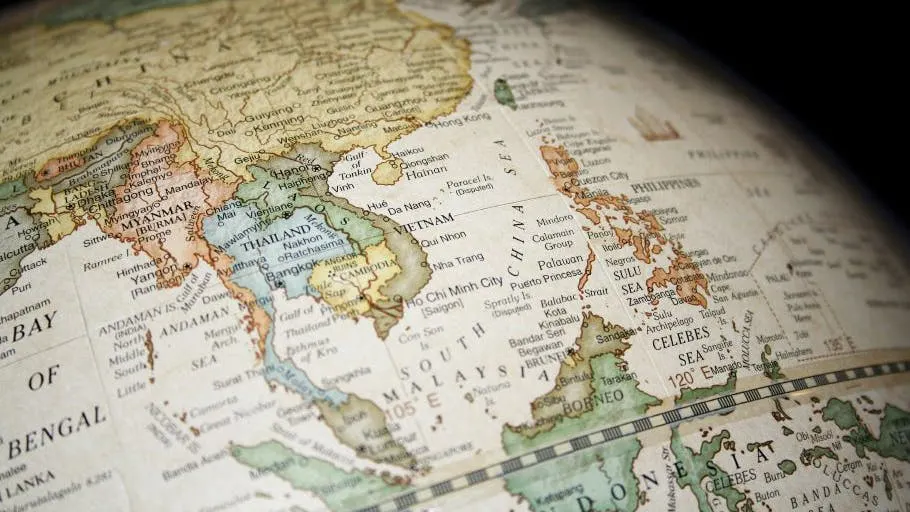 Closeup of Southeast Asia region on a globe