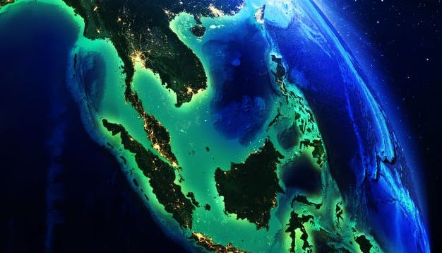 World globe zooms in on Malaysia/Indonesia region.