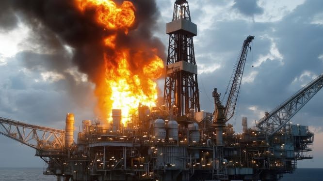 AI-generated image of an offshore rig on fire.
