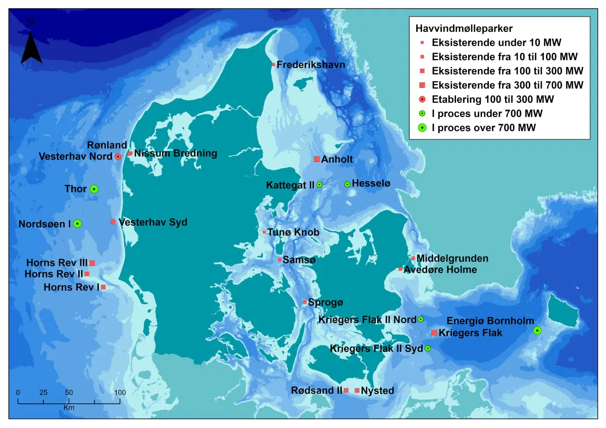 DEA-created map highlights offshore wind farms near Denmark.