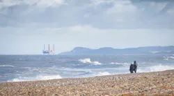 Oil rig in North Sea at Blakeney Point, Norfolk, UK Oil rig in North Sea at Blakeney Point, Norfolk, UK