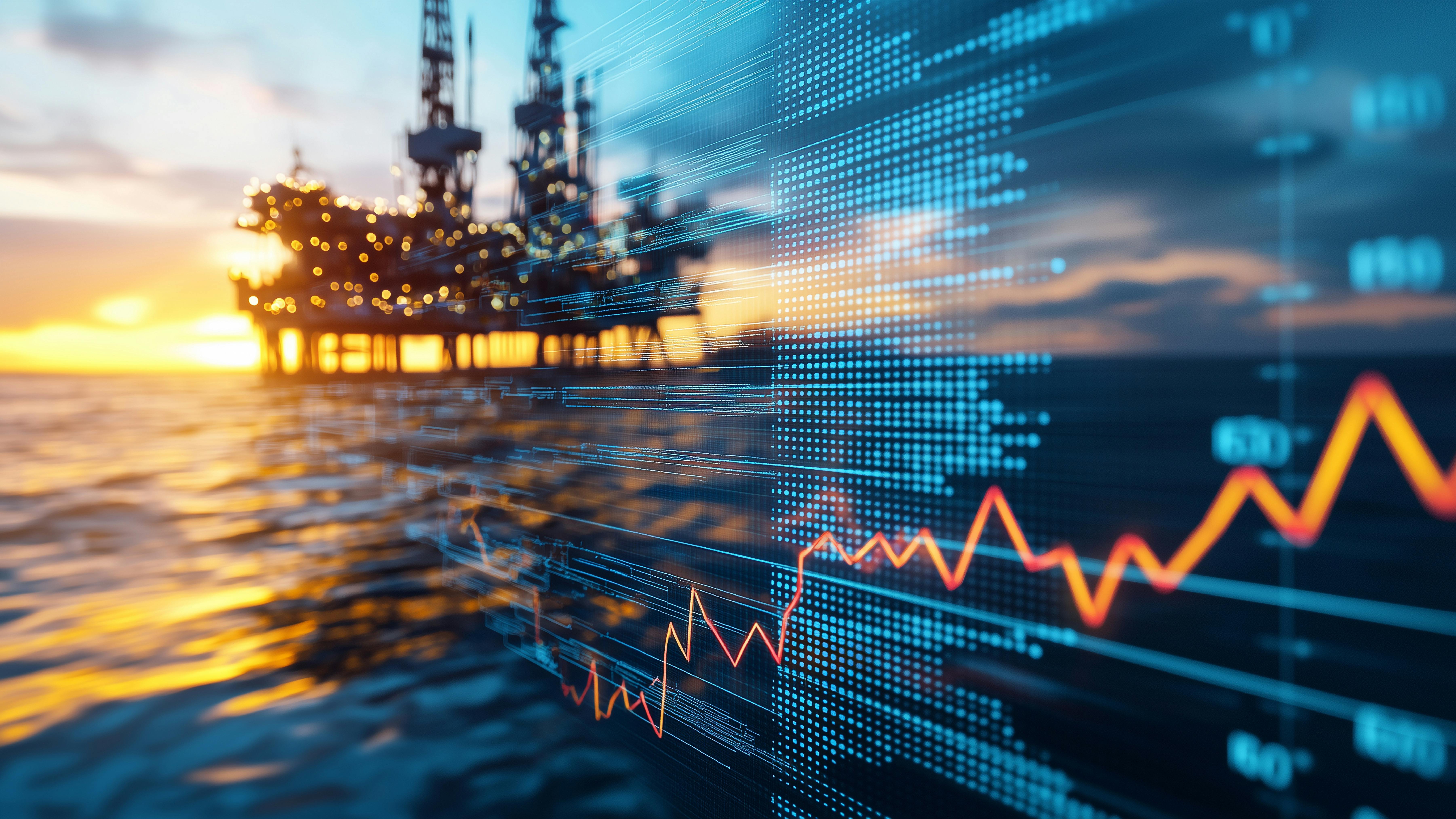 Offshore oil rig at sunset with financial graph overlay
