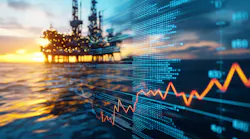 Offshore oil rig at sunset with financial graph overlay Offshore oil rig at sunset with financial graph overlay