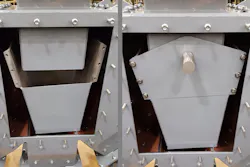 The interior chute of the pivoting chute diverter is designed to direct uninterrupted material flow, as well as handle abrasive products. Images courtesy of Vortex. The interior chute of the pivoting chute diverter is designed to direct uninterrupted material flow, as well as handle abrasive products. Images courtesy of Vortex.