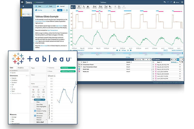Screenshot of Seeq and Tableau interface. Image courtesy of Seeq and Tableau