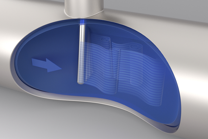 Figure 1.Fluid flowing around a conventional thermowell profile creates wake-shedding vibration, which can shorten thermowell life. All images courtesy of Emerson Automation Solutions