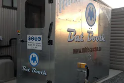 Mideco’s Bat Booth permanently and quickly removes dust from workers’ clothing. Image courtesy of Mideco Mideco’s Bat Booth permanently and quickly removes dust from workers’ clothing. Image courtesy of Mideco