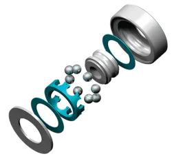 Image 1. Rolling element bearings combine seven distinct parts. They create less friction than wear rings. Photos courtesy of Trelleborg Sealing Solutions Image 1. Rolling element bearings combine seven distinct parts. They create less friction than wear rings. Photos courtesy of Trelleborg Sealing Solutions