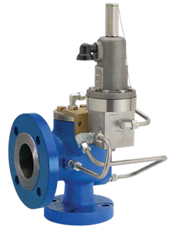 Figure 2. Pilot operated PRVs use system pressure to hold themselves shut. Opening is governed by a pilot valve, which is set at the specified opening pressure. Figure 2. Pilot operated PRVs use system pressure to hold themselves shut. Opening is governed by a pilot valve, which is set at the specified opening pressure.