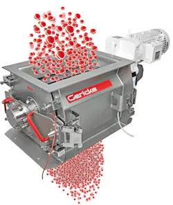 This Gericke Nibbler lump breaker automatically cuts agglomerated powders, frozen chunks and other bulk materials down to as small as 1 millimeter in size without generating high heat or excessive fines. This Gericke Nibbler lump breaker automatically cuts agglomerated powders, frozen chunks and other bulk materials down to as small as 1 millimeter in size without generating high heat or excessive fines.