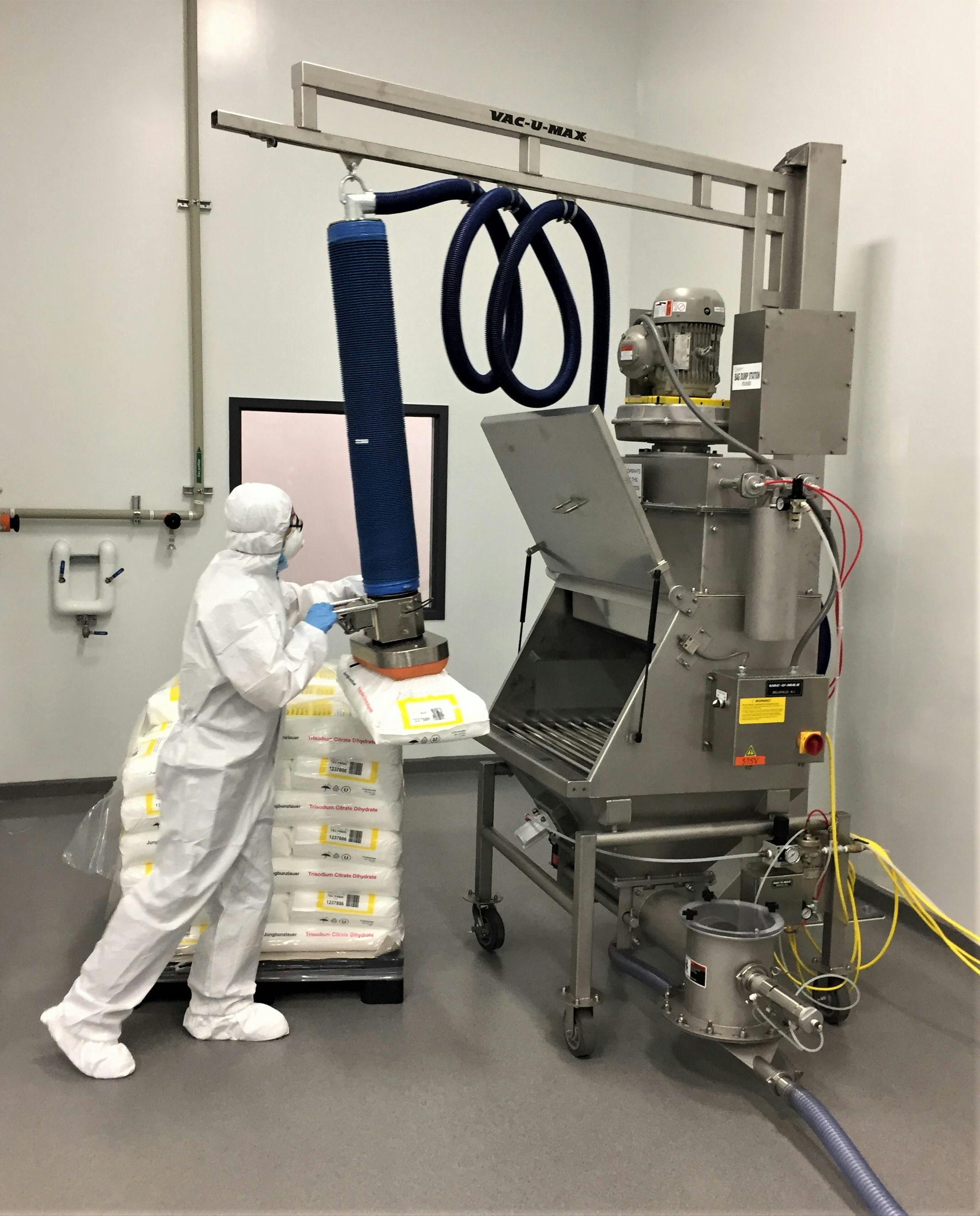 This bag dump station includes vacuum-assisted lifting to reduce exertion and reduce bending/twisting tasks.