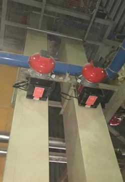 Figure 2. The IPD system from BS&B also acts as a chemical isolation solution, preventing a potential dust explosion in the shafts of a bucket elevator from spreading. Figure 2. The IPD system from BS&B also acts as a chemical isolation solution, preventing a potential dust explosion in the shafts of a bucket elevator from spreading.