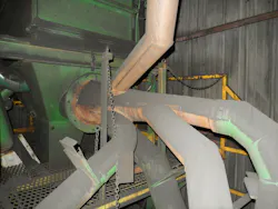 Figure 6. It would be difficult to provide effective explosion propagation isolation on this system with so many branches of ductwork converging so close to the dust collector. Figure 6. It would be difficult to provide effective explosion propagation isolation on this system with so many branches of ductwork converging so close to the dust collector.