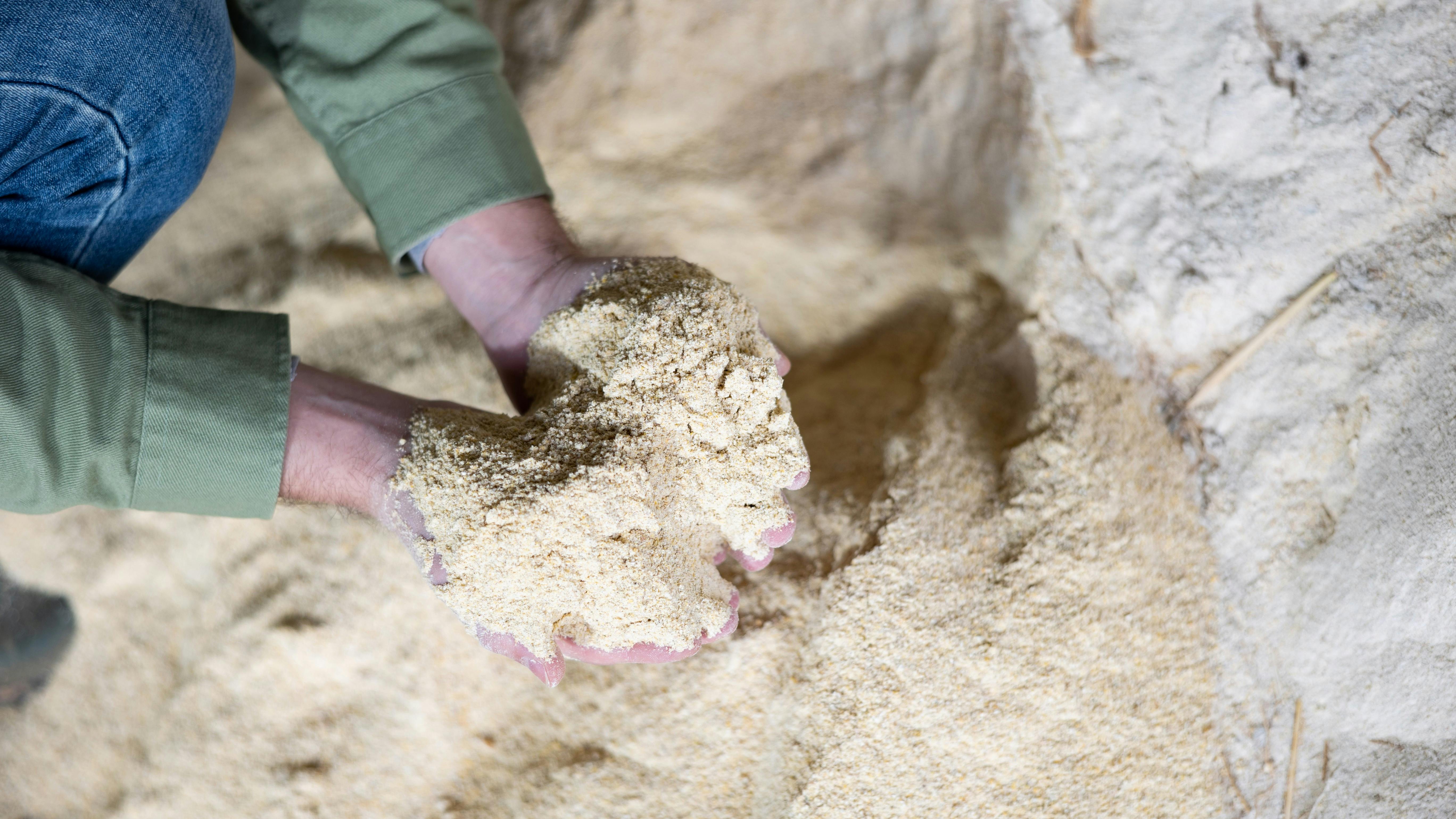 Worker inspecting powder