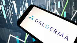 Galderma logo on cell phone screen with digital stock finance bars in background Galderma logo on cell phone screen with digital stock finance bars in background