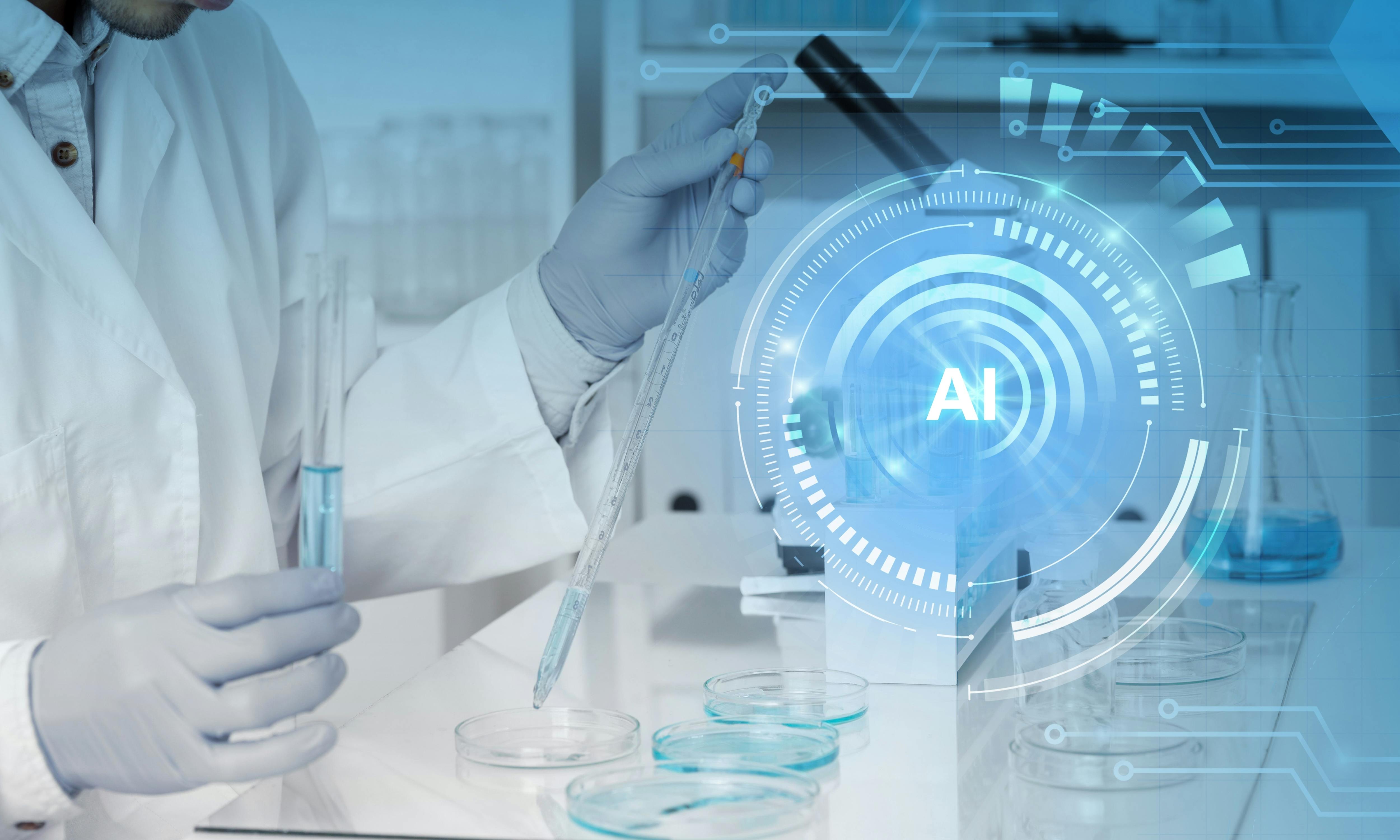 AI assistant in biotechnology science experiment. Artificial intelligence augmented reality virtual interface in a lab helping scientist testing substance.