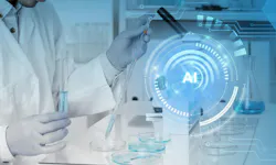 AI assistant in biotechnology science experiment. Artificial intelligence augmented reality virtual interface in a lab helping scientist testing substance. AI assistant in biotechnology science experiment. Artificial intelligence augmented reality virtual interface in a lab helping scientist testing substance.