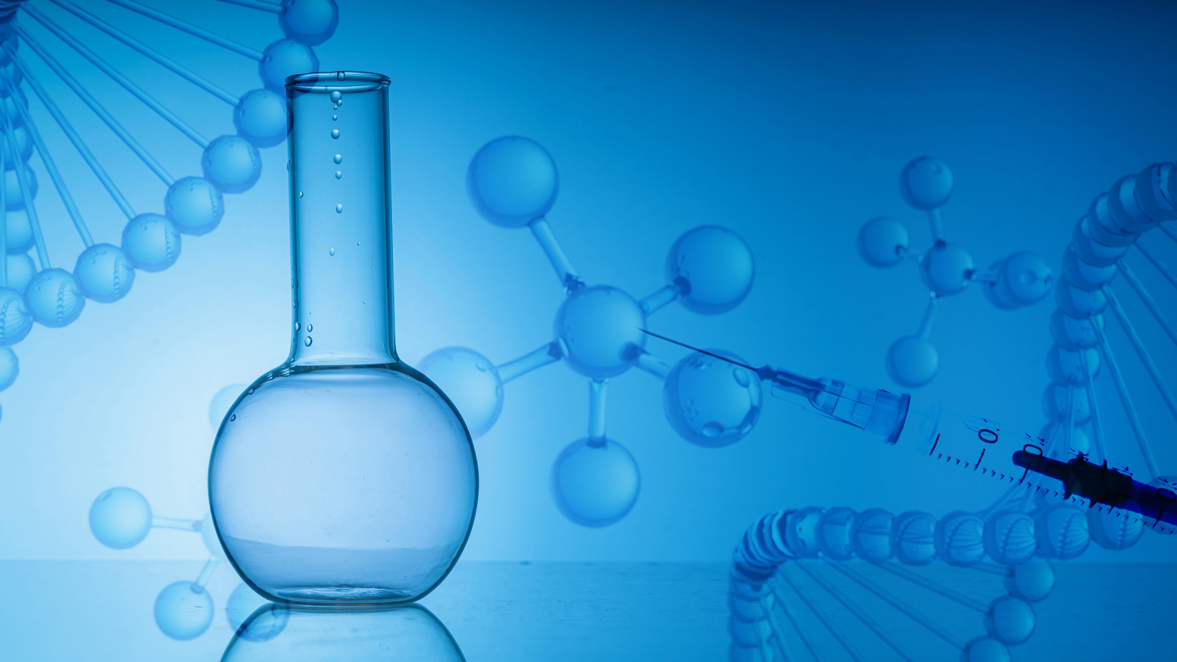 Abstract blue medical and biopharmaceutical background with stylized chemical and molecular graphics suggesting scientific research, biotechnology and healthcare concepts