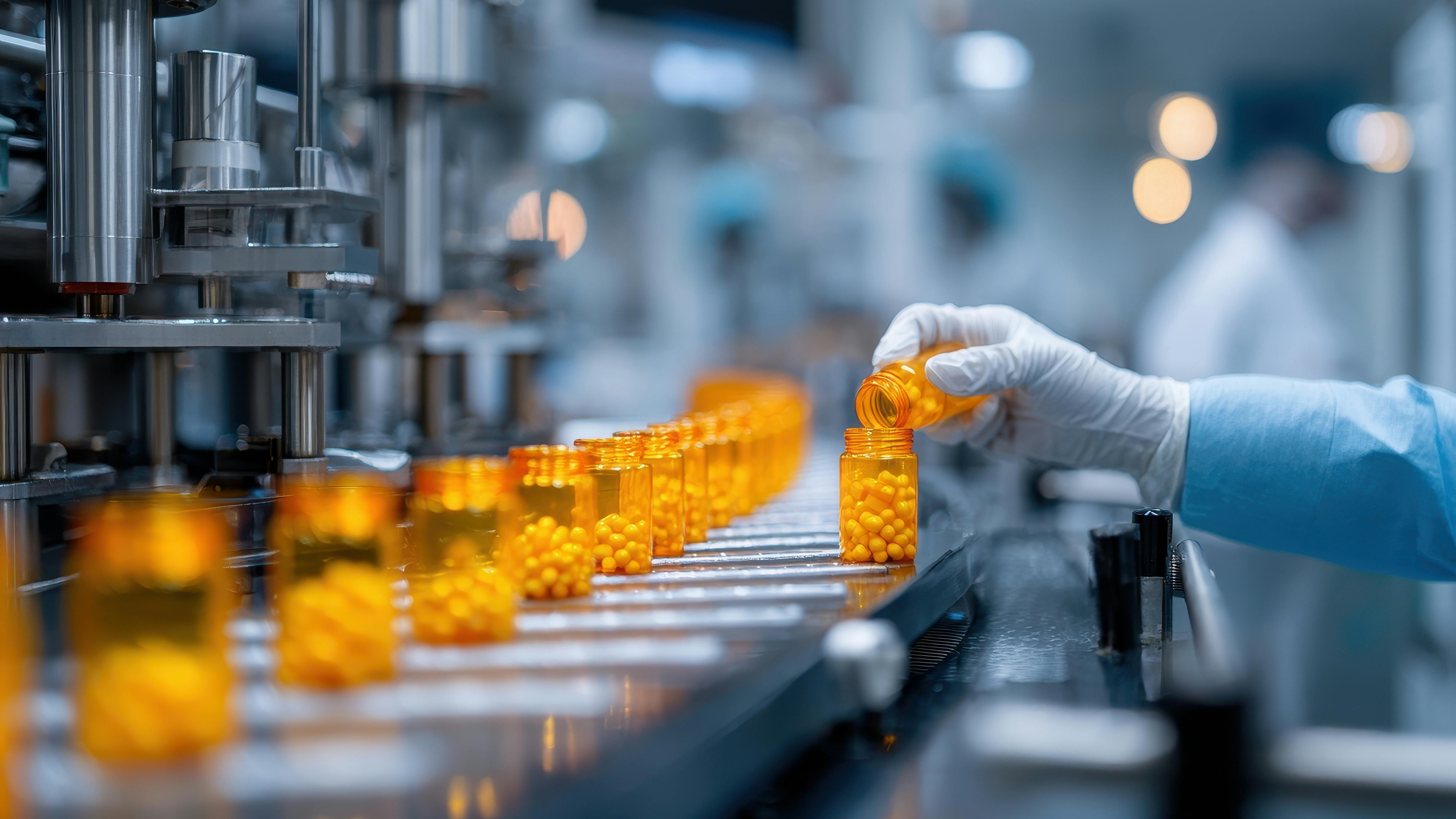 A gloved hand pours pills into a bottle on a conveyor belt in a pharmaceutical manufacturing facility
