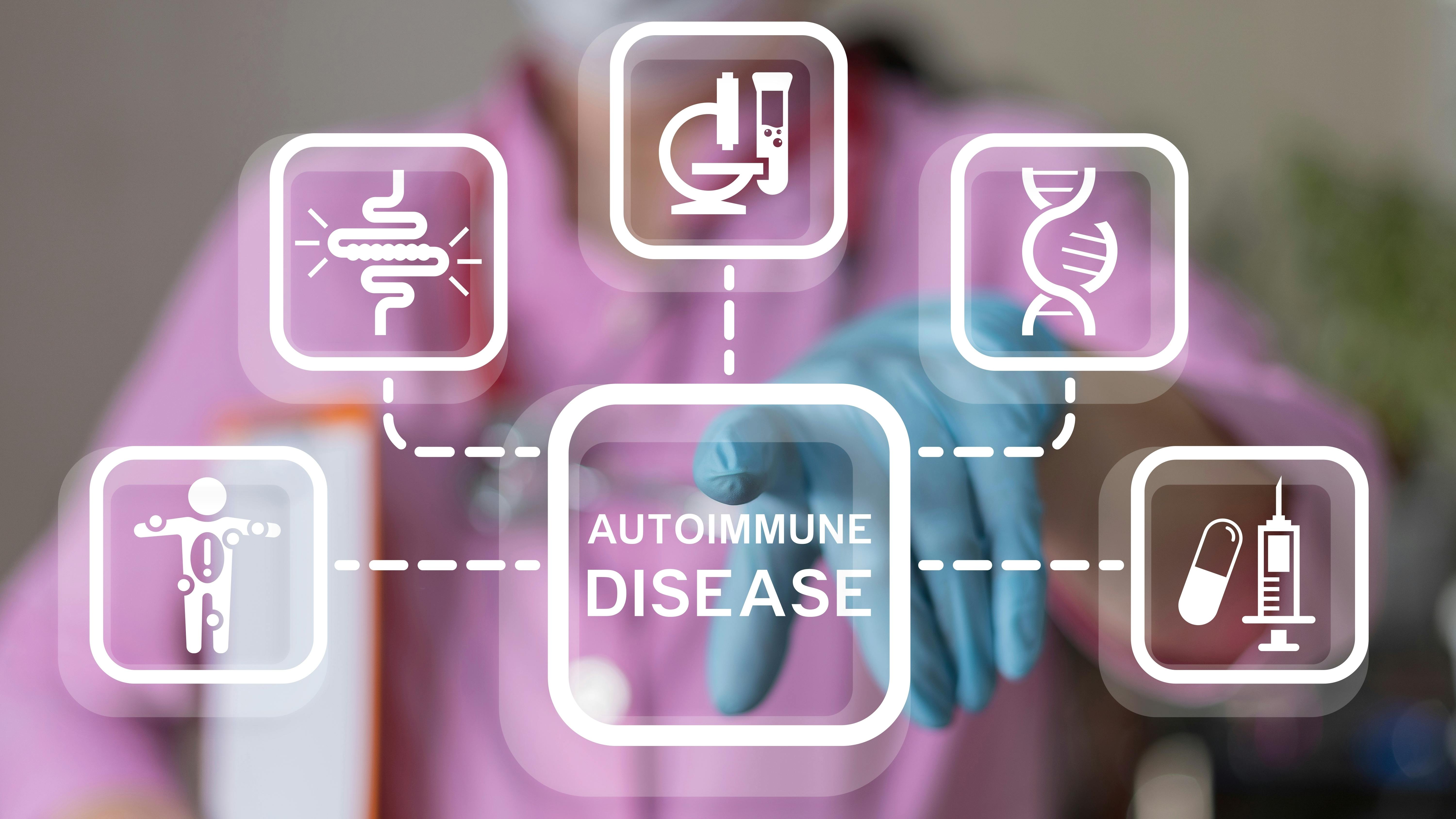 Autoimmune disease and medical icons displayed on touch screen with doctor out of focus in background