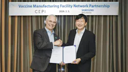 CEPI’s Vaccine Manufacturing Facility Network (VMFN) partnership banner in background with two execs from CEPI and Samsung Biologics shaking hands on their new partnership CEPI’s Vaccine Manufacturing Facility Network (VMFN) partnership banner in background with two execs from CEPI and Samsung Biologics shaking hands on their new partnership