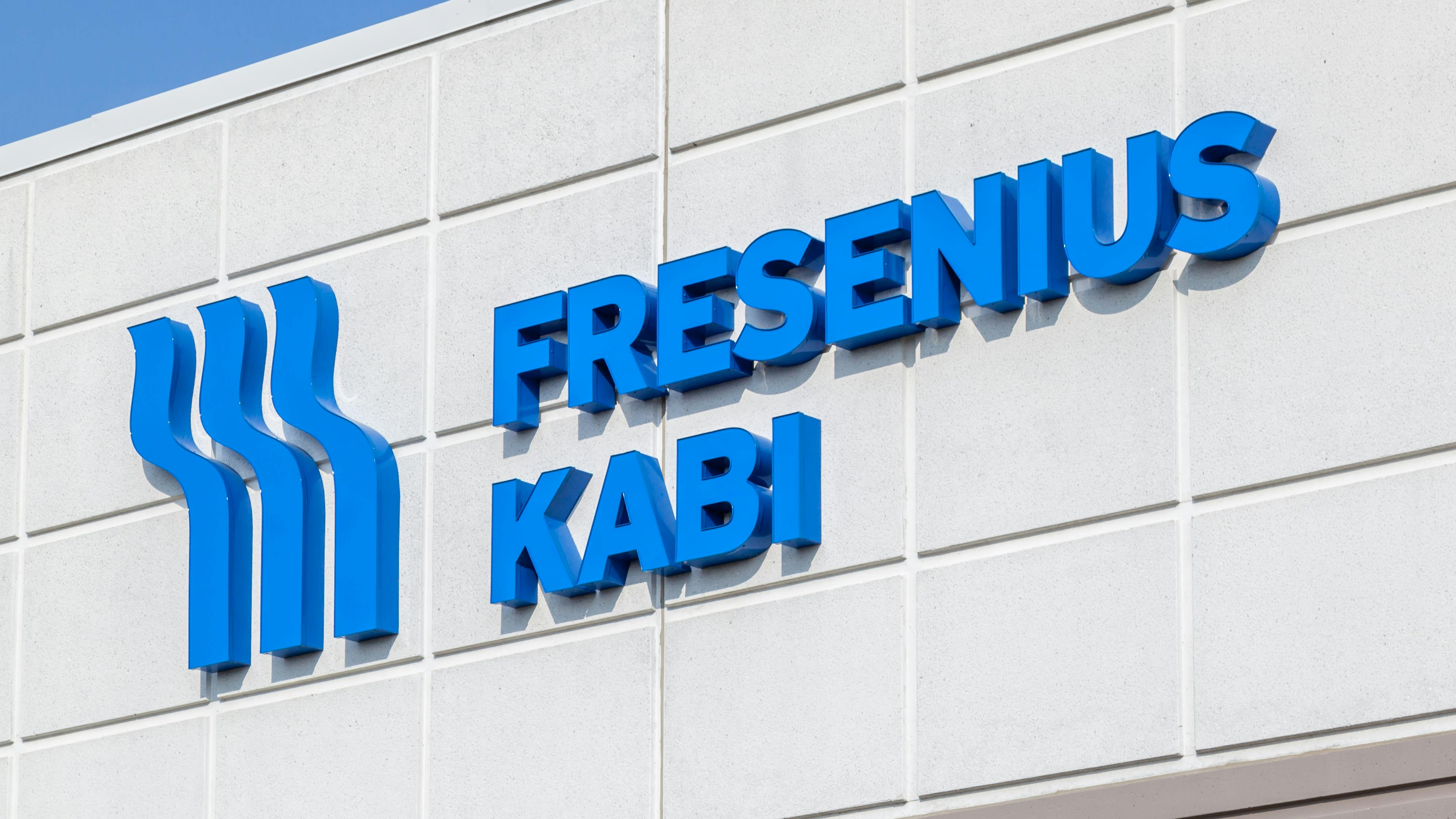 Close up of Fresenius Kabi logo sign on exterior of building