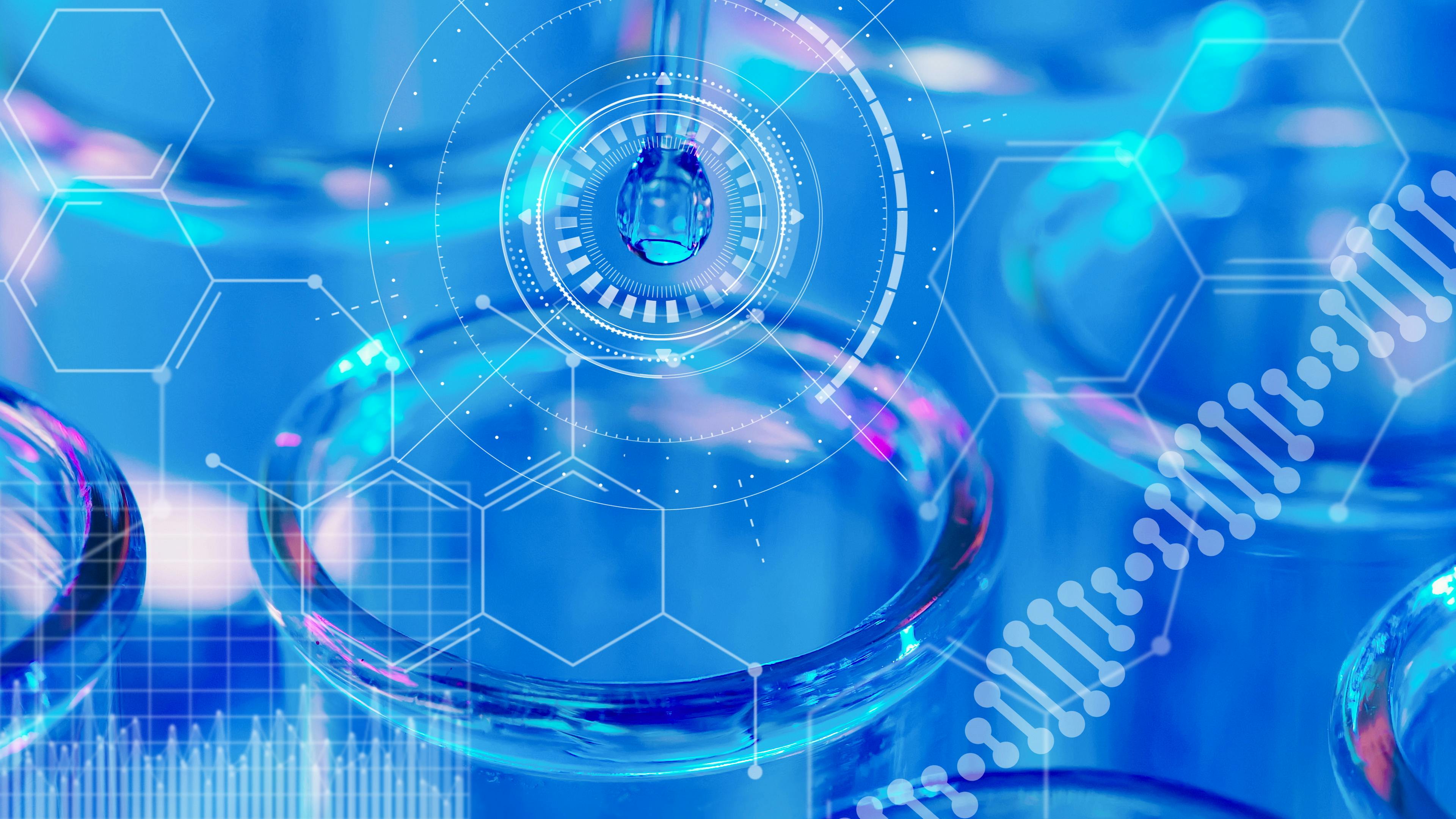 zoomed in image of medical lab research test tube and digital icons in foreground