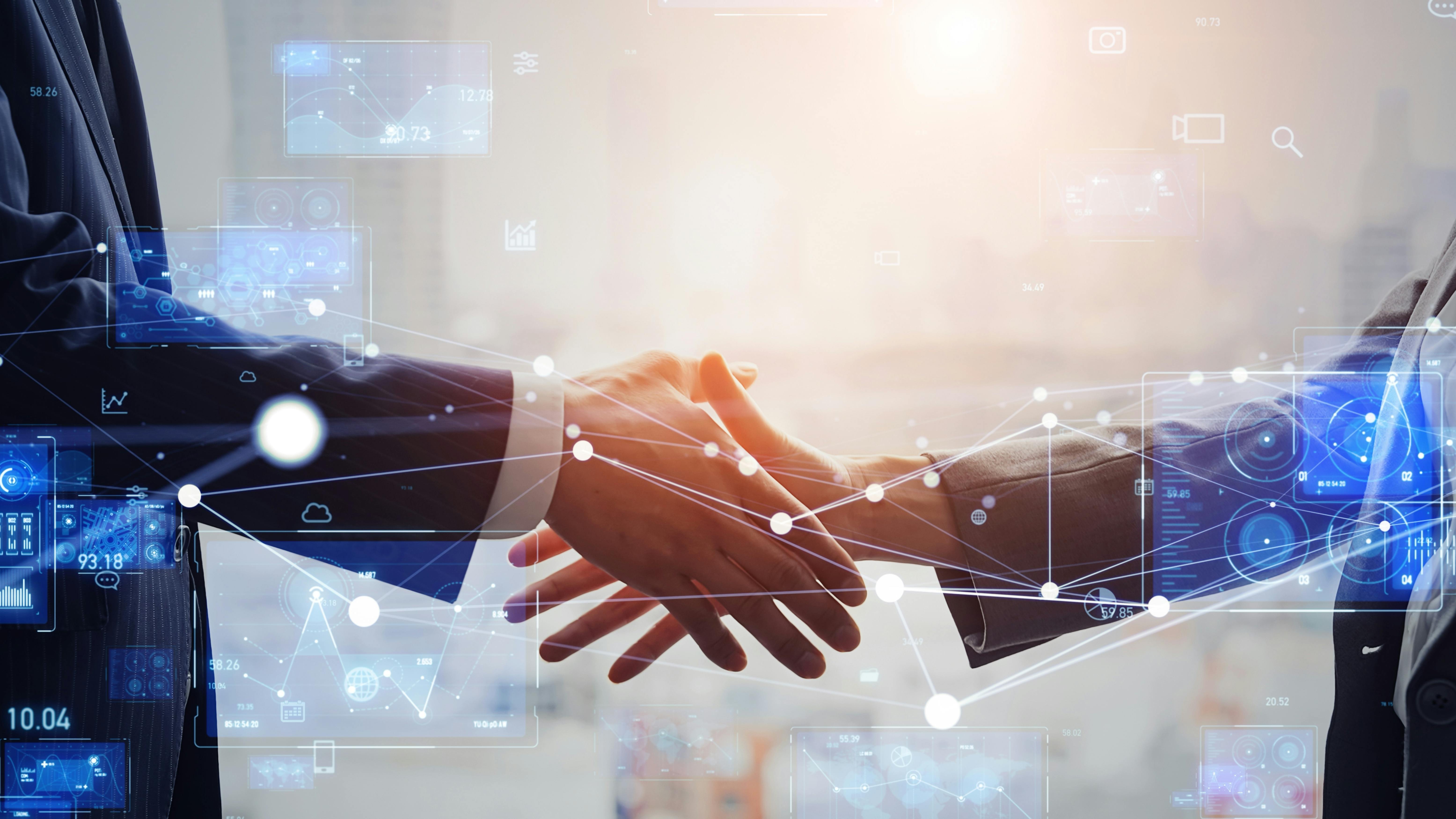 Group of business people shaking hands and digital network concept