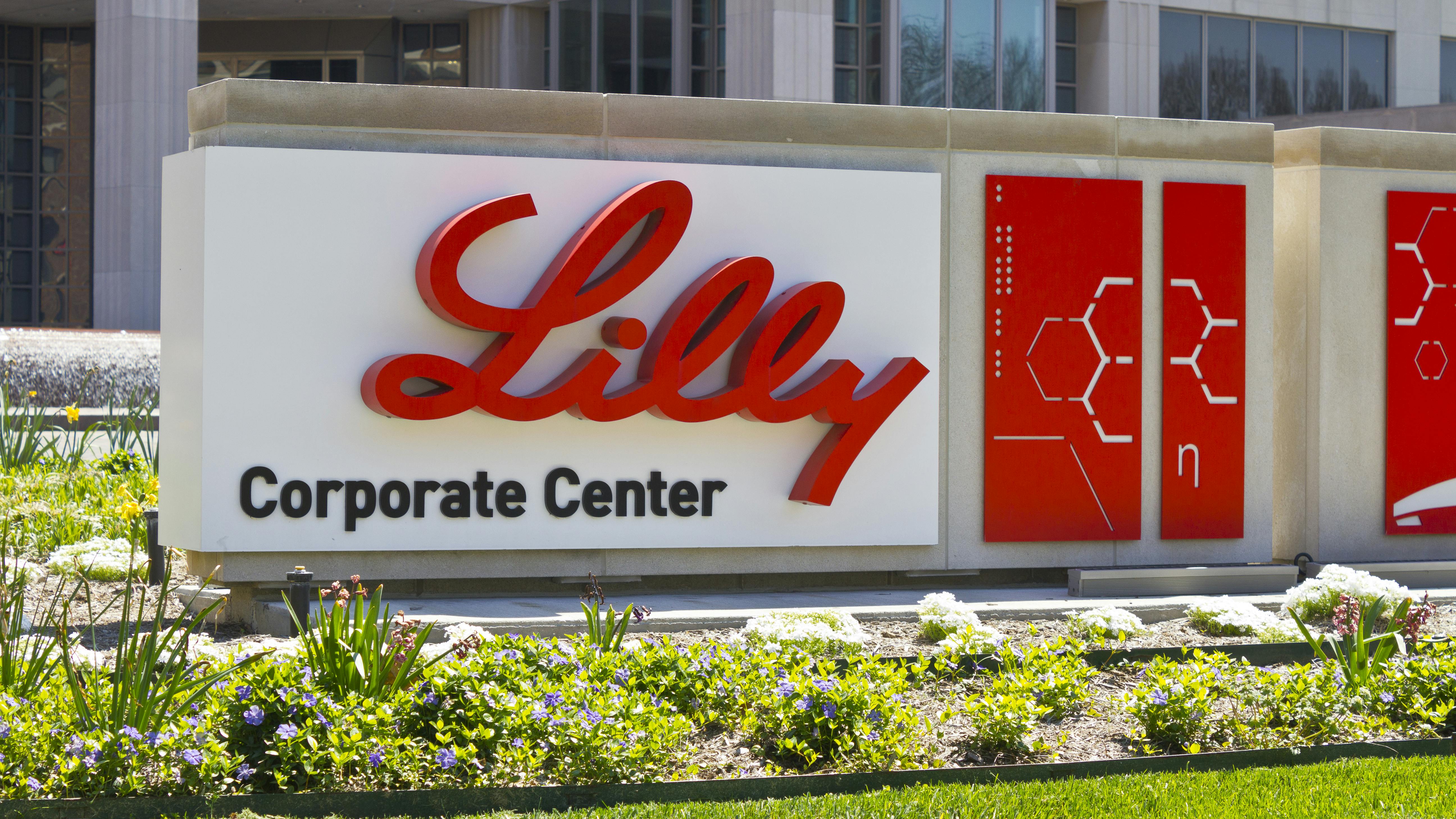 Sign with Lilly logo outside the Eli Lilly Corporate Center
