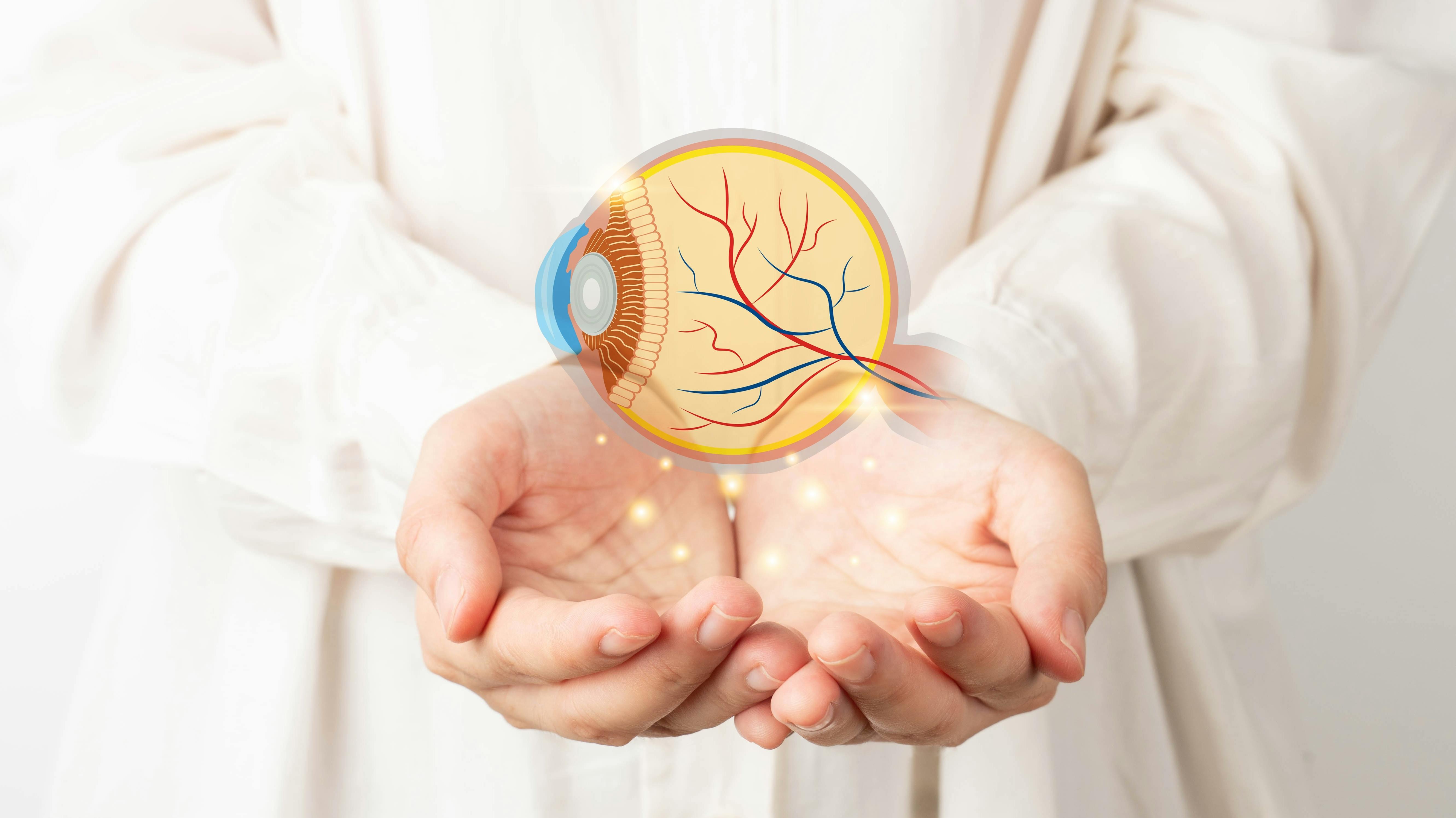 Human eye anatomy hologram on doctor hands. Awareness of eye diseases