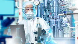 Scientist in protective suit works with microscope and bioreactor equipment in sterile lab, highlighting biotechnology, research, and pharmaceutical production. Science, Biotechnology, Medicine. Scientist in protective suit works with microscope and bioreactor equipment in sterile lab, highlighting biotechnology, research, and pharmaceutical production. Science, Biotechnology, Medicine.