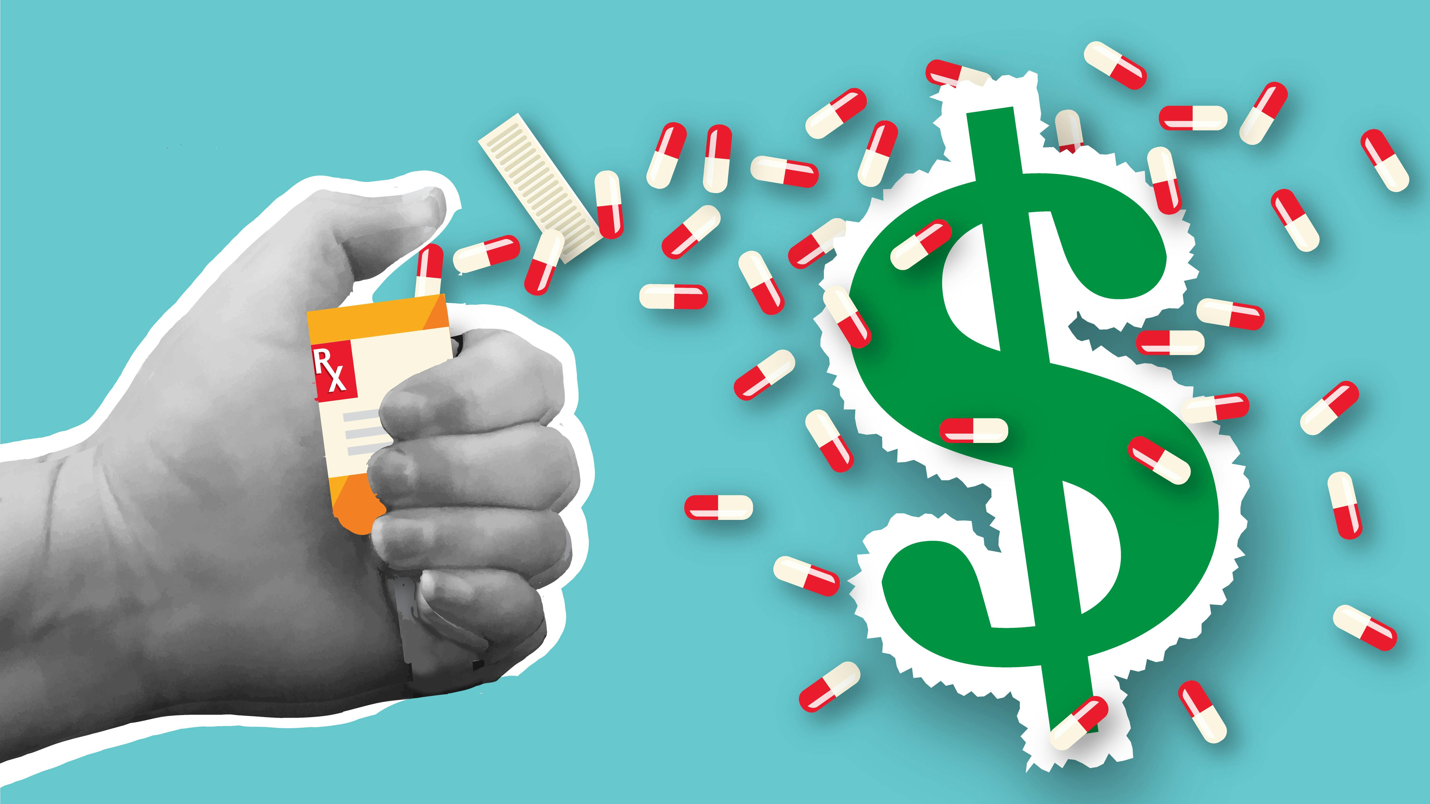 illustration of a hand holding a pill bottle, and the pills are spilling out around a dollar sign